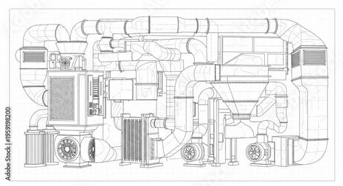 Detailed Line Art of a Complex Urban Environment.