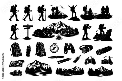 Silhouettes of outdoor activities and camping gear.