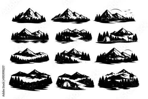 Black and white mountain and forest landscapes with lakes and tents.