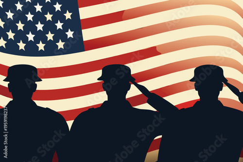 Silhouetted soldiers salute the american flag with respect