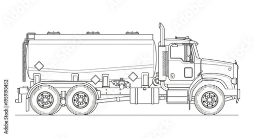 Detailed Line Art of a Large Tanker Truck.