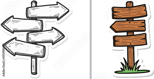 Two hand-drawn vector signposts: a white multi-directional post with four arrows and a rustic brown triple-plank directional sign. Both feature wood grain textures and sit on small grass bases.