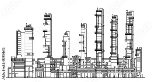 Detailed Line Art of an Industrial Oil Refinery Complex.