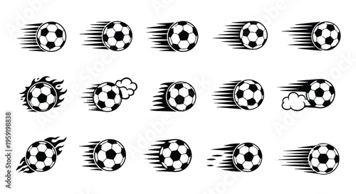 Set of black and white soccer ball with motion blur lines and fire effects for sports and football speed
