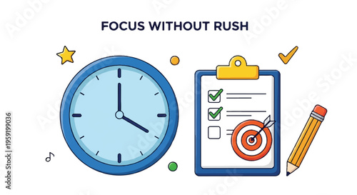 Productivity concept with clock checklist and target for focus without rush and time management planning