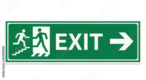 Green and white exit sign with pictogram of a person running up stairs and an arrow pointing to the right for safety