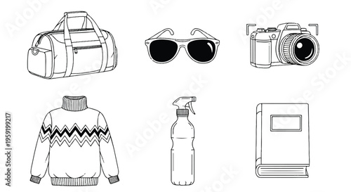 Collection of six hand drawn everyday including a duffle bag sunglasses camera sweater spray bottle and book