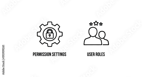 Two minimalist line representing permission settings with a gear and lock and user roles with people symbols