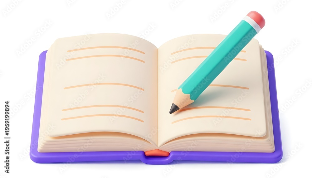 Fototapeta premium 3D cartoon open notebook with a teal pencil ready to write on lined pages