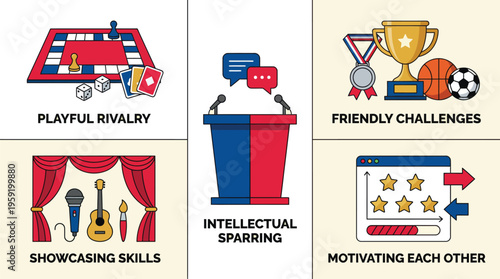 Five graphic elements represent different forms of friendly competition and engagement, such as board games, debate.