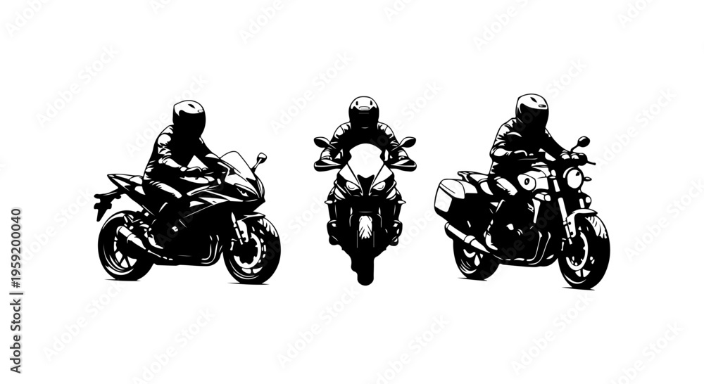 Obraz premium Three Stylish Motorcycle Silhouettes in Black and White Vector Art