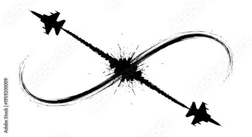 Two fighter jets collide in mid air with explosive effect creating dynamic motion lines