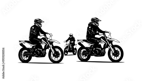 Two Riders and Child on Dirt Bikes Silhouette Vector Art
