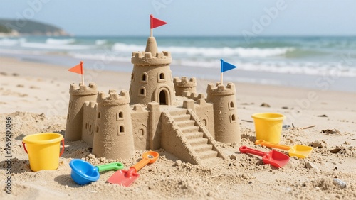 A detailed sand castle with flags and toy tools on a sunny beach.