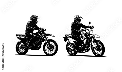 Two Motorcyclists Riding Dual-Sport Bikes Silhouette