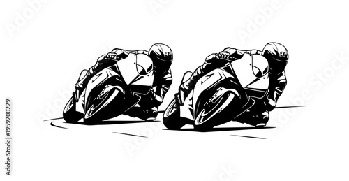 Dynamic Motorcycle Racing Duo in Black and White Sketch Style