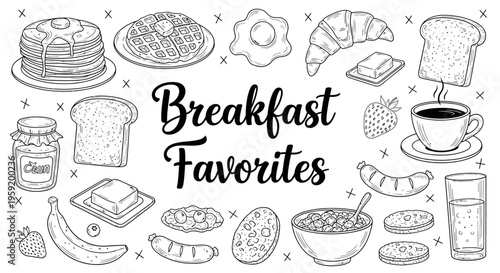 Variety of breakfast foods and drinks with text breakfast favorites