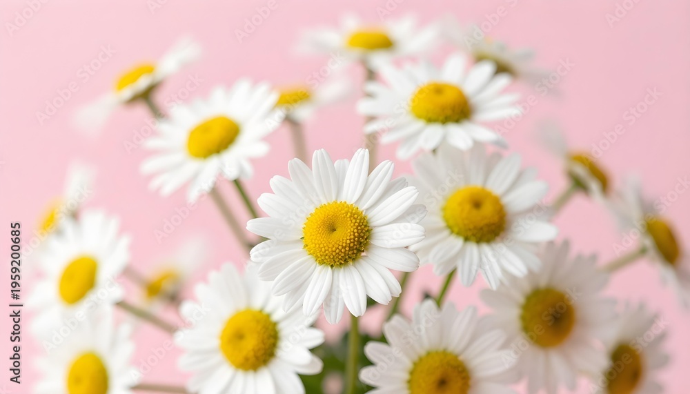Obraz premium Close-up of delicate white daisies with bright yellow centers against a soft pink background