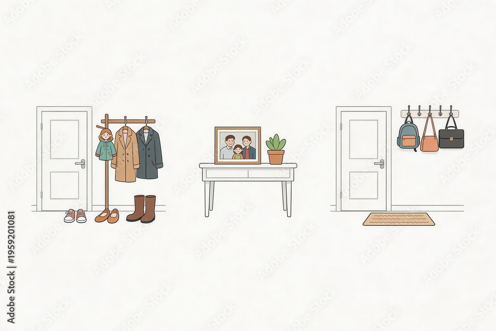 Fototapeta premium Welcoming entryway design featuring hanging coats and backpacks, along with family portrait and potted plant, embodying cozy home atmosphere and minimalist aesthetics
