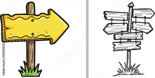 A bright yellow arrow sign on a wooden post beside a complex black-and-white multi-directional signpost with six different planks, both set in small patches of grass.