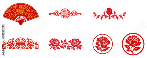 Chinese Red Traditional Decorative Elements Set with Lantern and Floral Patterns