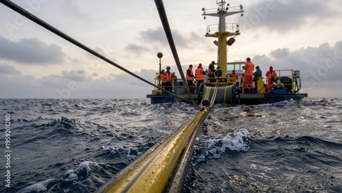 Workers in safety gear lay thick yellow and black submarine cables from a ship into the turbulent ocean, with waves crashing around.
