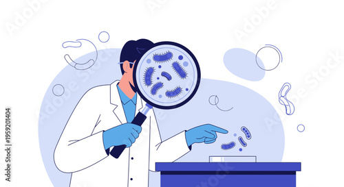 Scientist examining bacteria under a magnifying glass, microbiology research concept