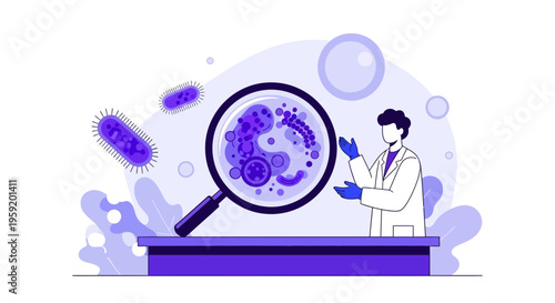 Scientist examining bacteria under a magnifying glass, microbiology research, scientific discovery