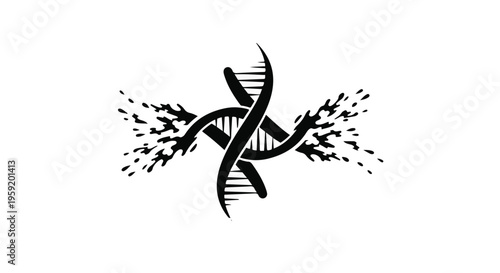 Abstract representation of DNA helix breaking apart into particles, symbolizing genetic mutation or breakdown.