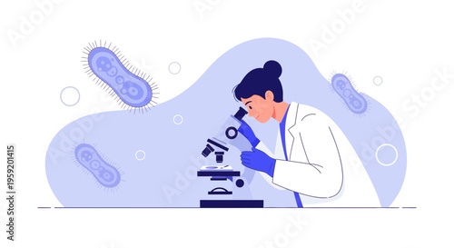 Scientist examining bacteria under a microscope in a laboratory, microbiology research