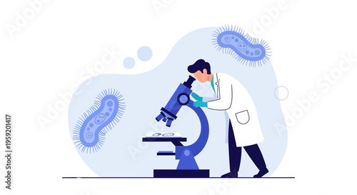 Scientist examining bacteria under a microscope, microbiology research, laboratory.