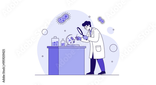 Scientist examining bacteria under microscope in laboratory, science research concept