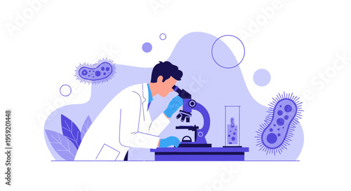 Scientist examining bacteria under microscope in laboratory, scientific research concept