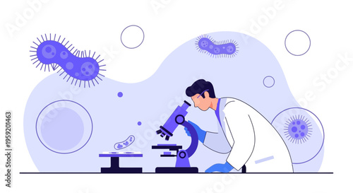 Scientist examining bacteria under microscope, laboratory research, medical science illustration