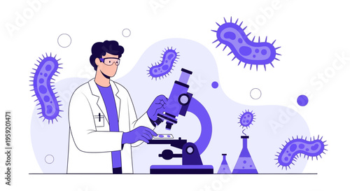 Scientist examining bacteria under microscope in laboratory, surrounded by microorganisms