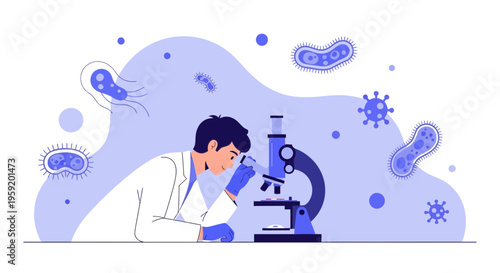 Scientist examining bacteria under microscope, science research, microbiology lab, medical discovery