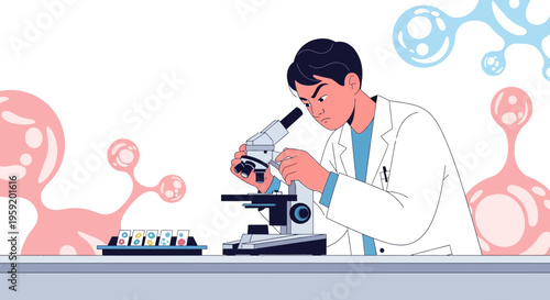 Scientist examining sample under microscope, laboratory research, scientific discovery