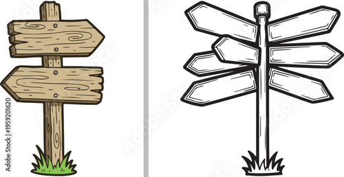 Two directional signposts: a natural wood version with two arrows and a grey-shaded version with multiple planks pointing in various directions, both featuring a hand-drawn cartoon style.