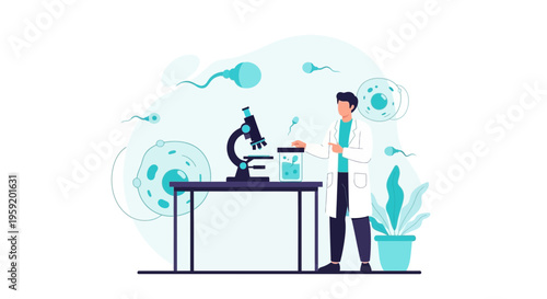 Scientist examining sperm cells under microscope in laboratory, fertility research concept