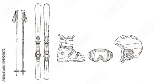 Line of skiing equipment including skis poles boots goggles and a protective safety helmet winter sports