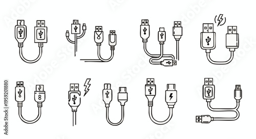 Collection of black and white line featuring various usb cable connectors and charging port interface technology