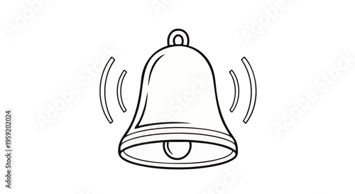 Simple black and white line of a ringing bell with sound waves isolated on a clean white background alarm