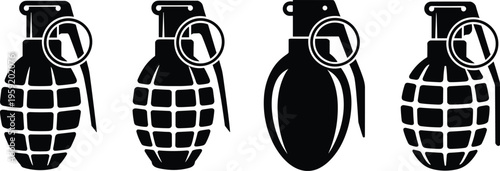 Hand grenade silhouette variations set with detailed and solid styles, military explosive vector illustration collection, weapon icons isolated on white background
