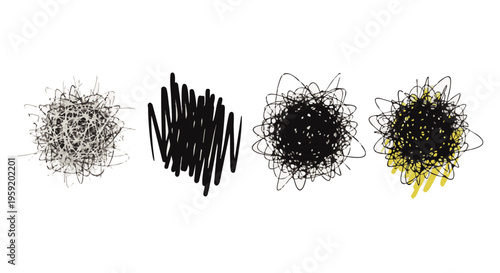 Set of four abstract scribble and tangle shapes in black and yellow for expressive artistic and creative projects