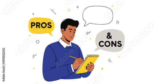 Cartoon of a man writing pros and cons in a notebook with speech bubbles on a plain white background