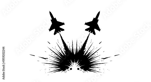 Two fighter jets flying upwards in black silhouette with explosion blast