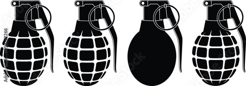 Hand grenade silhouettes set with detailed and solid styles, military weapon vector illustration collection, explosive device icons isolated on white background