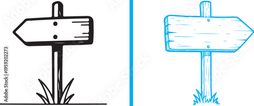 Two arrow-shaped wooden signposts in grass: a bold black-and-white version pointing left and a light blue sketched version pointing right. Both feature a rustic, hand-drawn style.