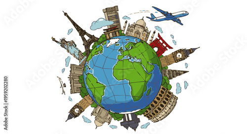 Hand drawn of planet earth surrounded by famous landmarks and a flying airplane for global travel concept