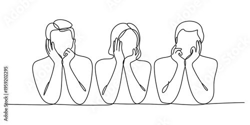 Continuous line drawing of three people resting their heads on their hands in boredom or thought